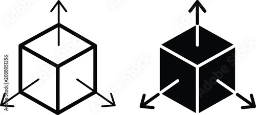 Tableau sur toile 3d dimensional cube vector ilustration, three dimensional geometric shape with axis arrows, line and filled style, volume or measurement symbol isolated on transparent background