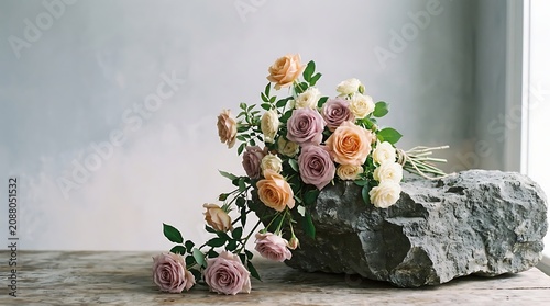 Elegant bouquet of pastel roses with soft peach and blush tones arranged on a rustic wooden surface with a natural stone