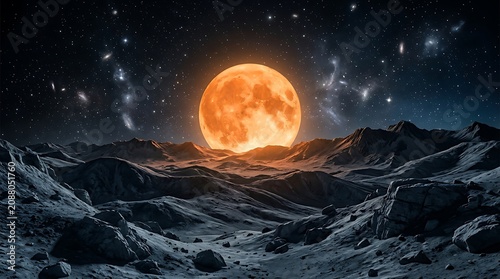 A glowing super blood moon rises over a snowy mountain landscape under a starry night sky, creating a serene and mystical atmosphere