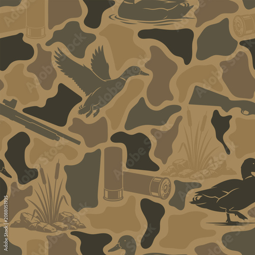 Duck hunting camouflage pattern with shotgun and waterfowl silhouettes. Old school seamless camo design. Vector digital hunting background.