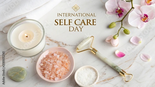Luxury flatlay with candle and jade roller for International Self Care Day.

