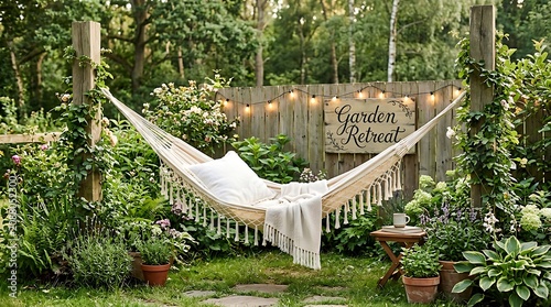 Cozy white hammock with tassels in a lush garden retreat surrounded by vibrant greenery and potted plants