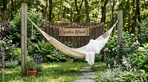 Cozy white hammock suspended between wooden posts in a lush garden with a rustic 'Hobbit House' sign and blooming flowers