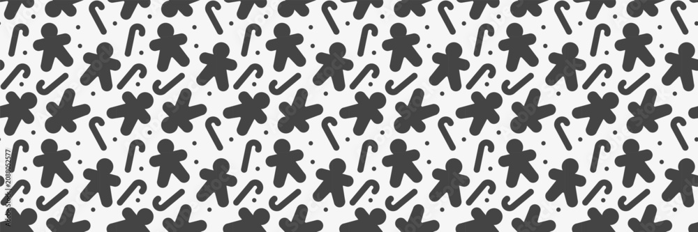 Fototapeta premium Gingerbread christmas seamless pattern. Black silhouette bread man cookie background. Winter holiday biscuit print. Vector