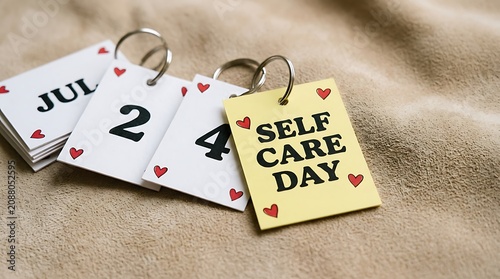 Self care day reminder with heart-shaped calendar on sandy background, wellness and mental health concept