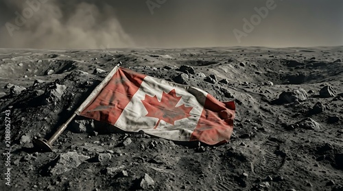 Tattered Canadian flag lying on a barren, war-torn battlefield under a dark, ominous sky conveying desolation