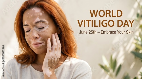 Thoughtful woman with vitiligo touching her face, embracing skin diversity on World Vitiligo Day, natural beauty and confidence