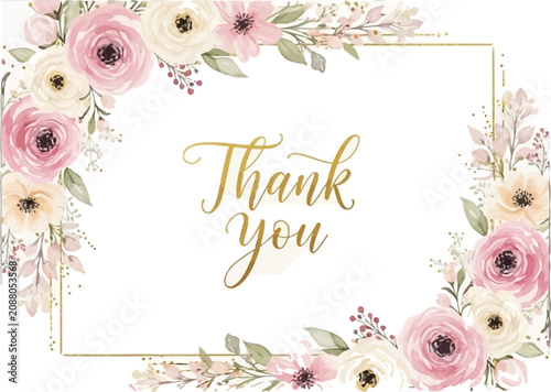 Elegant gold frame thank you note with pink flowers