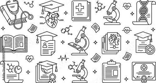 Schilderij op canvas Medical education and healthcare training outline icon set featuring stethoscope