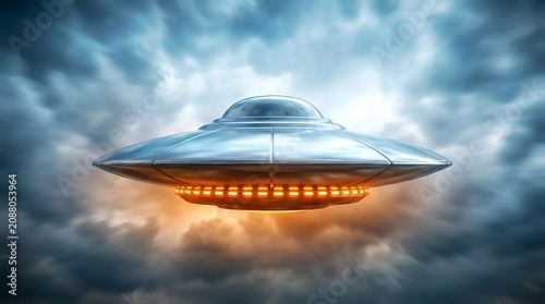 Mysterious glowing UFO flying through dramatic cloudy sky at dusk with futuristic design and alien technology