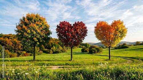 Three vibrant autumn trees with red, orange, and green foliage standing in a lush green meadow under a bright blue sky