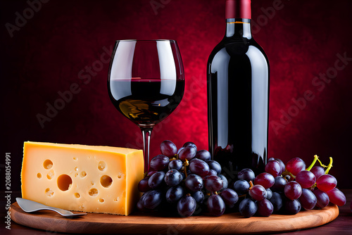 Red Wine Bottle with Glass and Swiss Gouda Cheese Appetizer Still Life