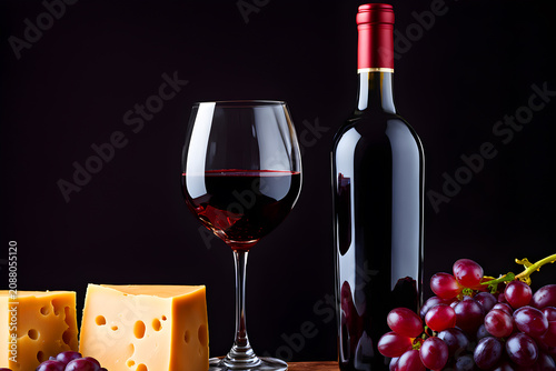 Red Wine Bottle with Glass and Swiss Gouda Cheese Appetizer Still Life