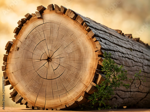 Close Up Wood Log Cross Section with Annual Tree Rings and Bark Texture