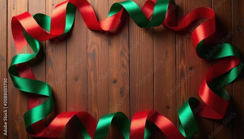 Fototapeta premium Red and green ribbons curl on a wooden table. This festive material is perfect for holiday crafts, gift wrapping, or seasonal decor arrangements. Use for Christmas celebrations.