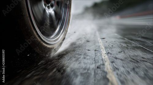 Nahaufnahme eines Autoreifens auf nasser Fahrbahn mit starker Wasserverdrängung. Symbol für Aquaplaning, Fahrsicherheit, Grip, Bremsweg und die Bedeutung hochwertiger Reifen.
