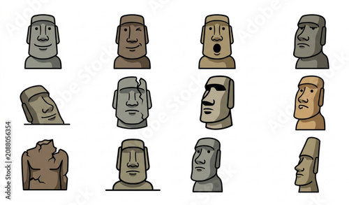 Obraz na płótnie Moai Easter Island Rapa Nui Stone Statue Cartoon Vector Set Isolated Ancient Vol
