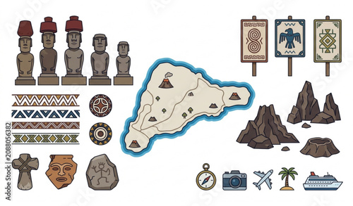 Foto Moai Easter Island Top View Map and Rongorongo Inspired Vector Illustration Set