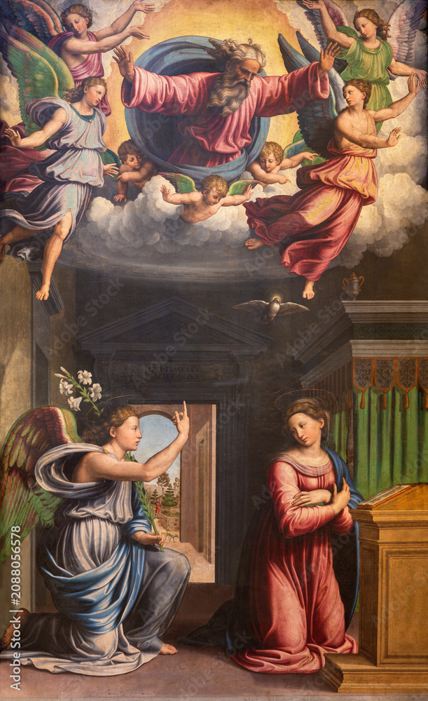 Obraz premium Bologna - The painting of Annunciation in church Basilica di Santa Maria dei Servi by Innocenzo da Imola (1515 - 1520)