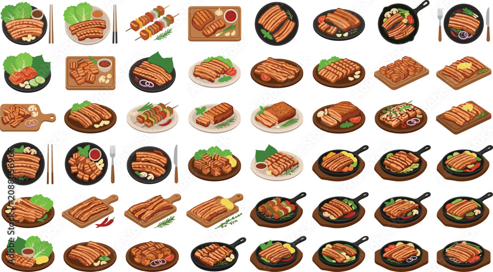 Fototapeta premium Korean Barbecue Samgyeopsal Vector Icon Set Featuring Grilled Pork Belly Slices Skewers Sizzling Skillets and Asian Side Dishes for Restaurant Menu Designs
