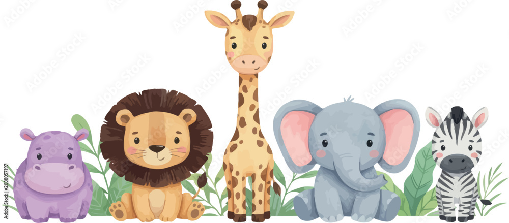Naklejka premium Cute Cartoon Safari Animals Vector Set with Hippo, Lion, Giraffe, Elephant, Zebra, and Tropical Jungle Leaves for Baby Shower, Nursery Decor, and Kids Game Designs