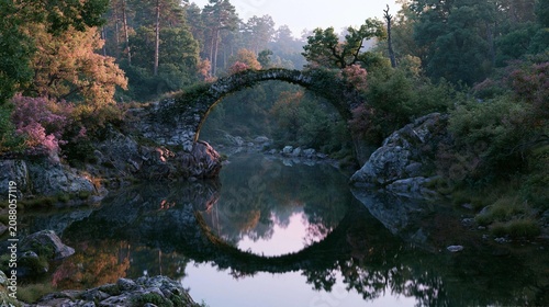 Beautiful landscape of a stone bridge over a small pond. the bridge is arched and spans over the water, which is still and reflects the trees and foliage around it.