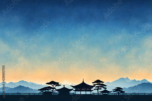 Japanese Pagoda Silhouette with Full Moon and Mountain Background