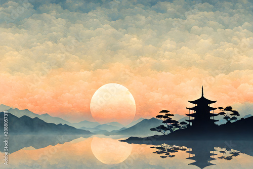 Japanese Pagoda Silhouette with Full Moon and Mountain Background
