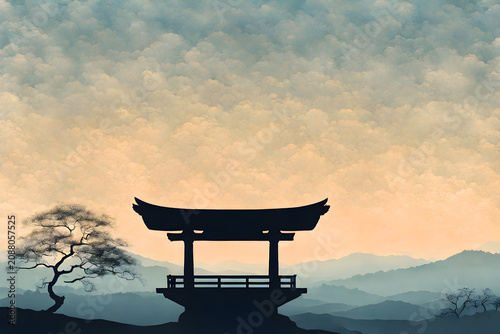 Japanese Pagoda Silhouette with Full Moon and Mountain Background