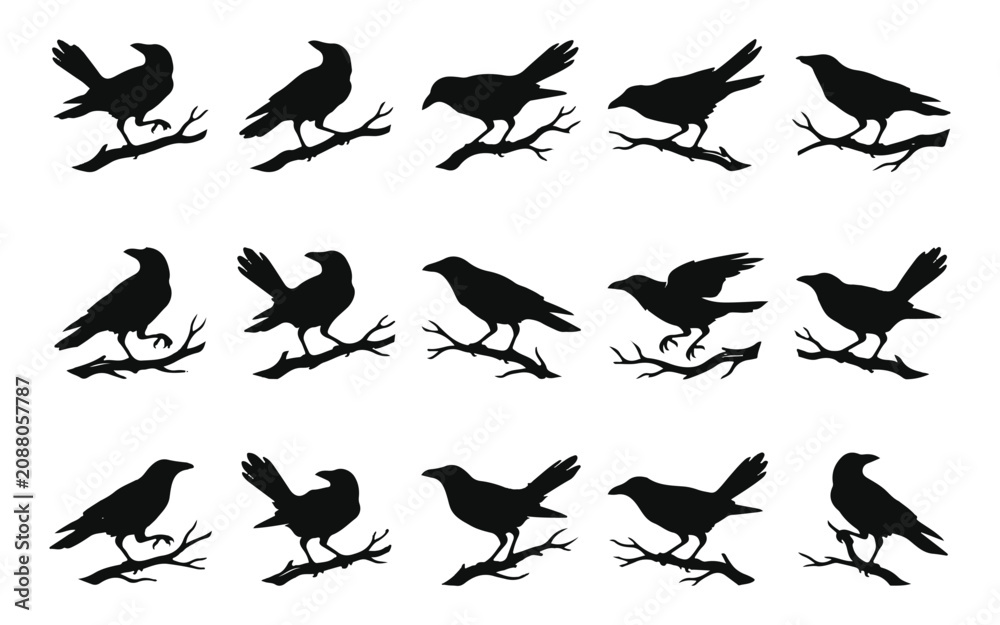 Fototapeta premium Halloween vector bundle black raven silhouettes perched on branches spooky design elements