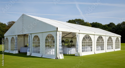 Large wedding marquee tent in grassy field