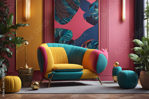 Mid Century Modern Lounge Room with Colorful Accent Furniture and Lamp