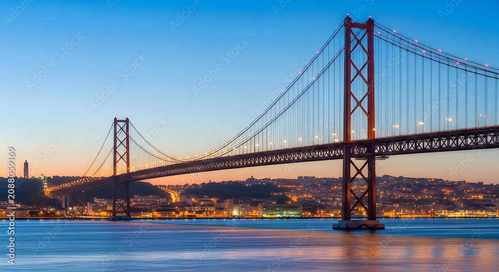Obraz premium Modern suspension bridge over a city at sunset