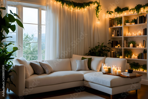 Modern Aesthetic Living Room Night Scene with Green Houseplants and Candles