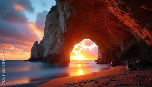 Sea cave entrance frames golden sunset over calm water and sandy shore. Dramatic orange pink clouds fill sky. Coastal rock formations glow with warm light.