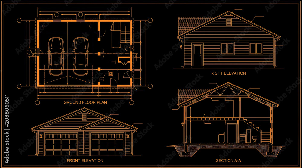 Fototapeta premium Garage CAD Blueprint Ground Floor Plan Front and Right Elevation Top View Vector Set Detailed AutoCAD Architecture Technical Drawing