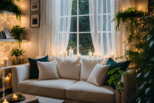 Modern Aesthetic Living Room Night Scene with Green Houseplants and Candles