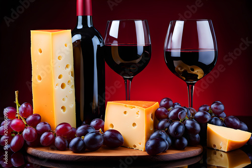 Red Wine Bottle with Glass and Swiss Gouda Cheese Appetizer Still Life