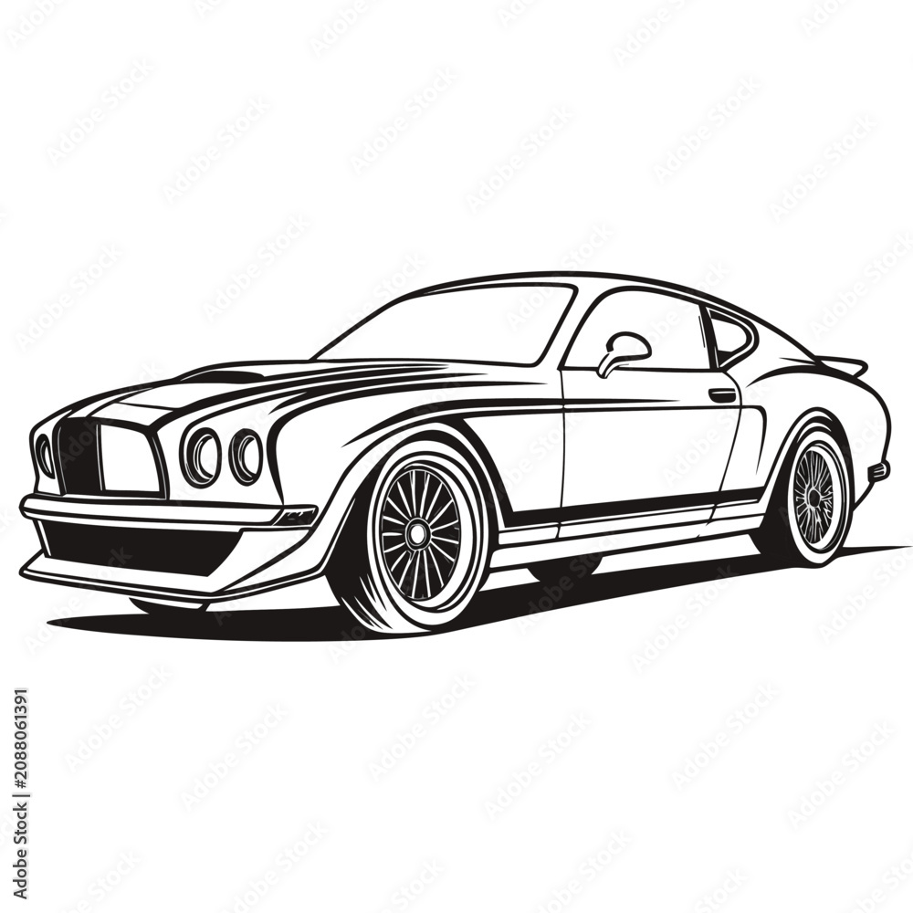 Naklejka premium Black Luxury Sports Car Vector Illustration Isolated on White Background with Classic Automotive Design Fast Performance Shiny Finish Detailed Wheels and Premium Styling