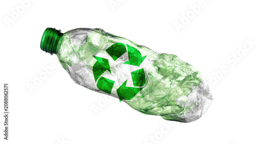 crushed plastic recycling bottle with floating leaves isolated on white background representing sustainable waste management and environmental protection 