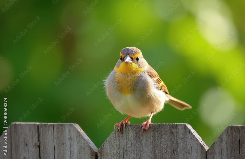 Fototapeta premium Small yellow, brown bird stands on wooden fence outdoors. Cute sparrow perches on garden barrier in bright daylight. Wild avian creature looks ahead with sharp beak. Green blurred forest background