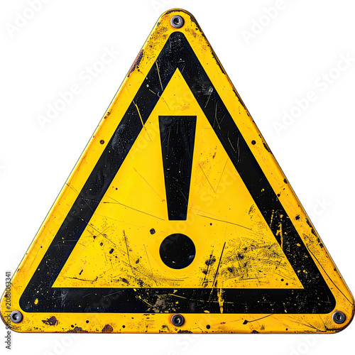 A weathered yellow triangular warning sign with an exclamation point.