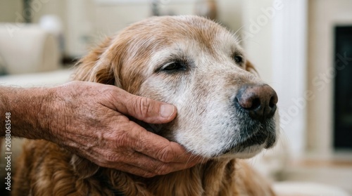 Fotografie Elderly senior golden retriever dog being gently petted by owner with retriever