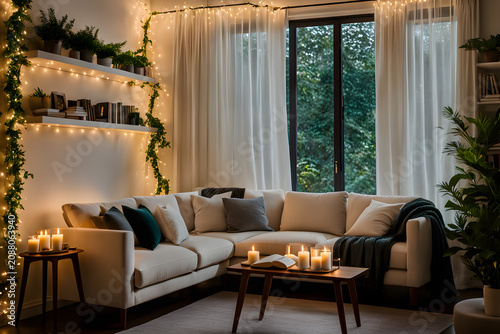 Modern Aesthetic Living Room Night Scene with Green Houseplants and Candles