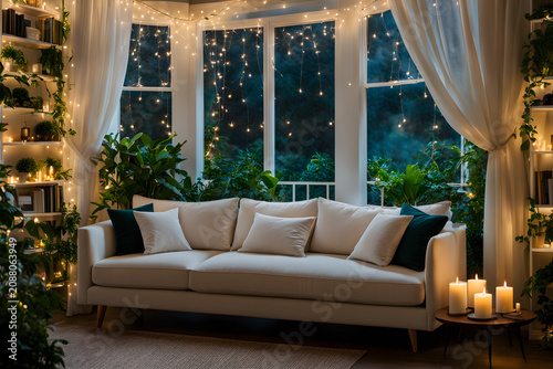 Modern Aesthetic Living Room Night Scene with Green Houseplants and Candles
