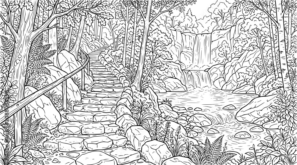 Obraz premium Detailed Forest Landscape Coloring Page with Waterfall and Stone Stairs