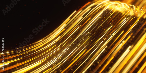 Golden abstract light wave with digital particles. 3D quantum data flow and magic energy trail.