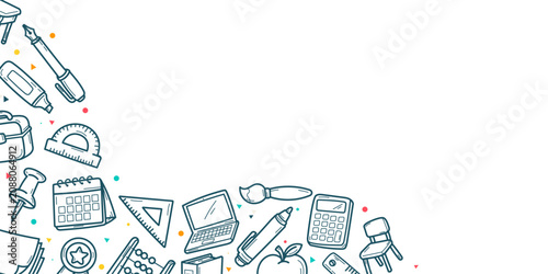 Photos Fond illustré pour la rentrée scolaire avec frise de pictogrammes sur le côté et en bas, laissant un grand espace vide pour ajouter un texte, un logo ou un message promotionnel