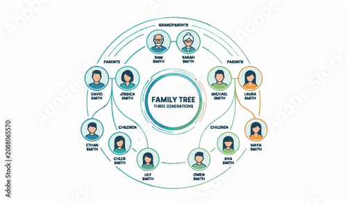 Canvastavla Circular Three Generation Family Tree Infographic Diagram with Family Relationsh