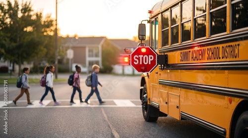 Yellow school bus stopped with illuminated stop sign while children safely cross the street at a pedestrian crossing, emphasizing school transportation safety and traffic awareness